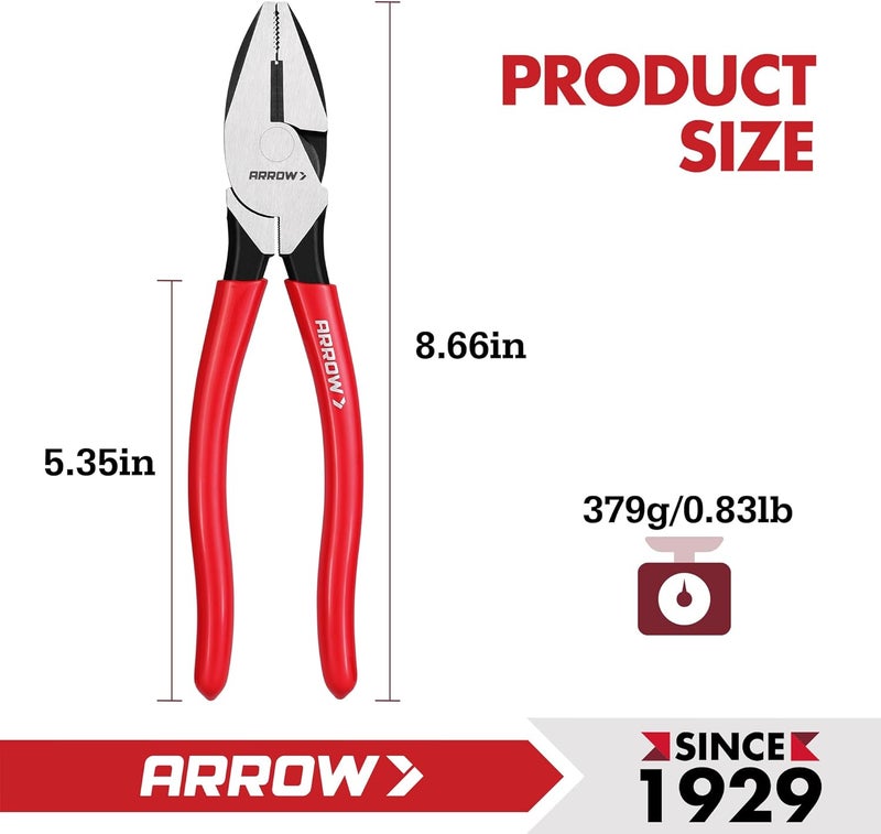 Arrow Fastener ARROW 8" High Leverage Linemans Pliers, Side Cutters, Linesman Pliers for Wire Cutting, Gripping - Image 3